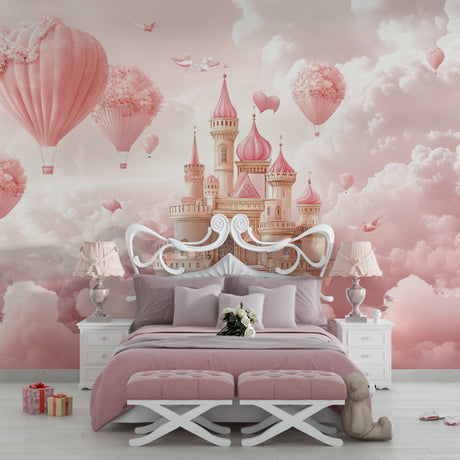 Princess castle wallpaper creating a magical atmosphere in a girl's bedroom with soft pink walls and matching decor