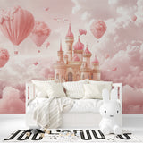 Pink castle mural with hot air balloons brightening up a modern playroom space