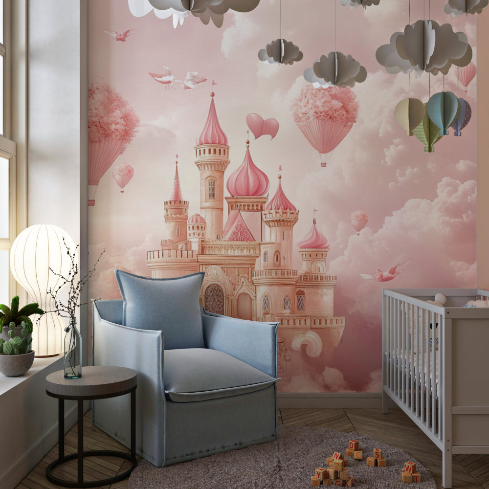 Princess fantasy wallpaper transforming a nursery with dreamy castle and floating balloons
