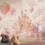 Pink castle wallpaper with hot air balloons making a perfect backdrop in a play area
