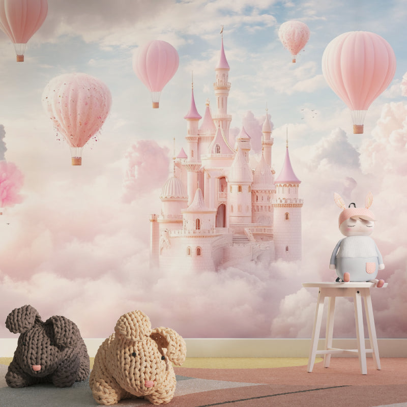 Princess castle wallpaper creating magic in a bright nursery, with soft pink hot air balloons floating across the wall