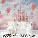 Pink castle wall mural bringing fairy tale charm to a playroom setting