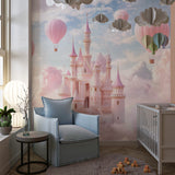 Princess themed wallpaper transforming a reading nook with floating castle design