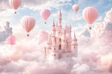 Design file of pink castle and hot air balloons pattern showing intricate details and color palette