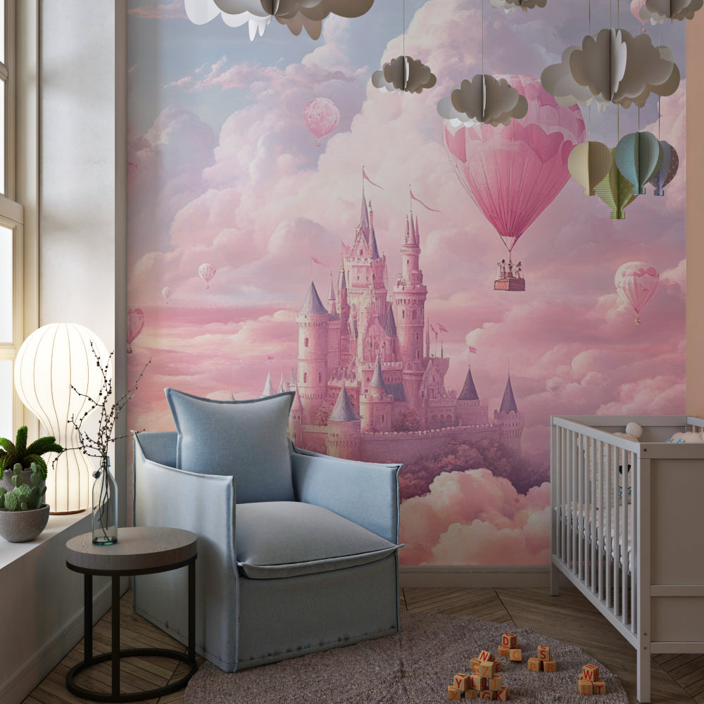 Magical princess mural in nursery with rocking chair and soft lighting