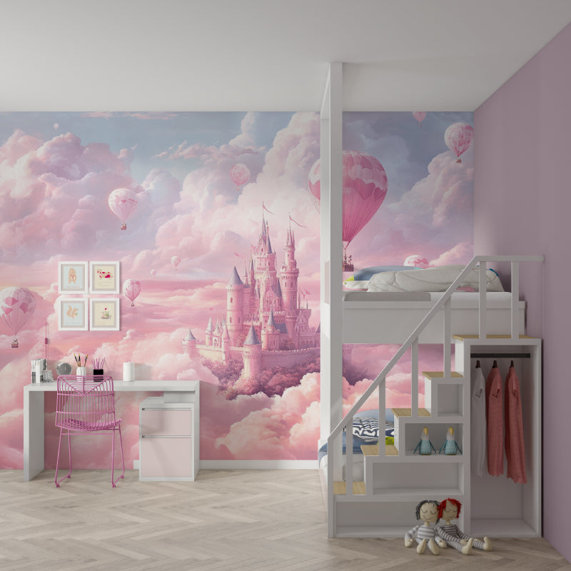 Castle wall mural in playroom showing scale and dreamy atmosphere