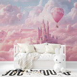Fairy tale castle mural in child's bedroom with window light