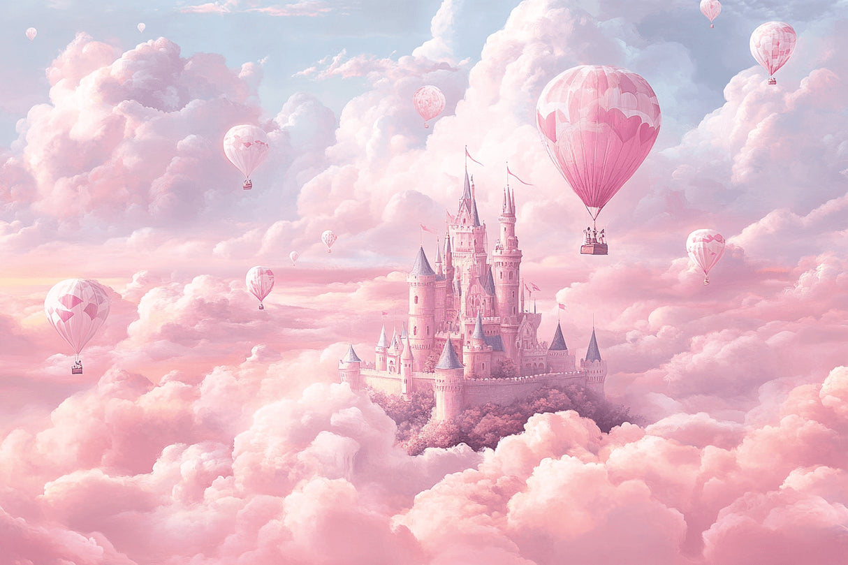 Princess castle design file with pink sky and floating hot air balloons pattern