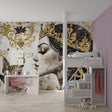 Black and gold princess portrait wallpaper creating a royal atmosphere in a modern bedroom