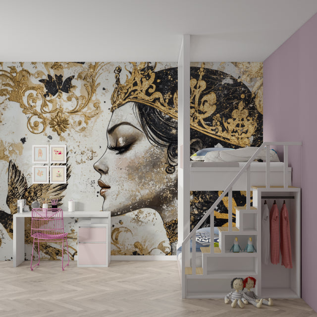Black and gold princess portrait wallpaper creating a royal atmosphere in a modern bedroom