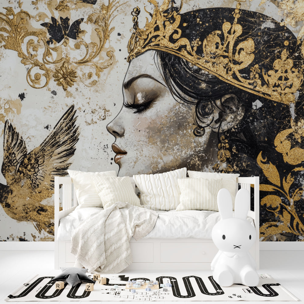 Princess wall mural with golden crown design brightening a makeup room