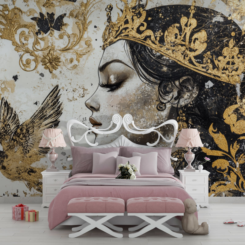 Black and gold royal portrait wallpaper adding drama to a living room feature wall
