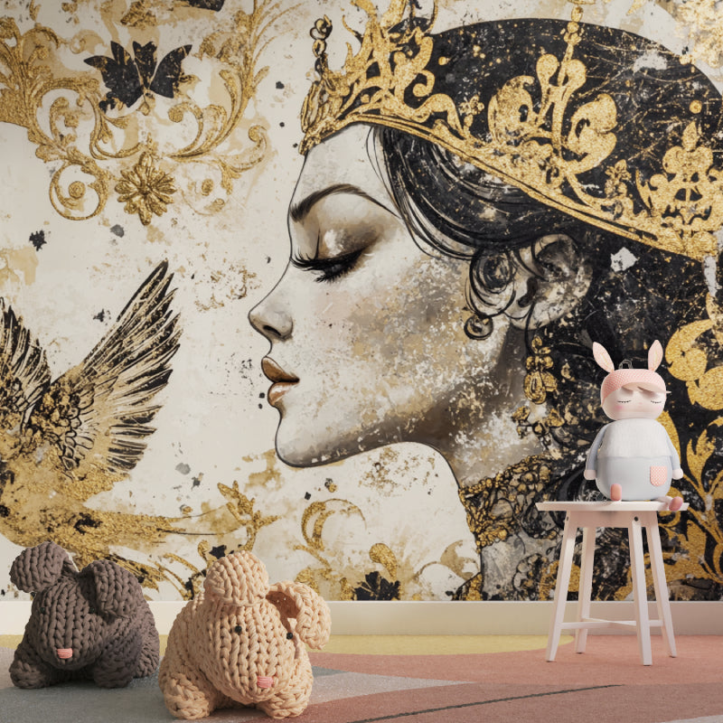Princess crown mural wallpaper transforming a boutique dressing area