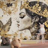 Princess crown mural wallpaper transforming a boutique dressing area