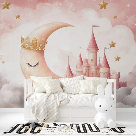 Princess castle wallpaper in a cozy nursery with soft pink accents and reading nook
