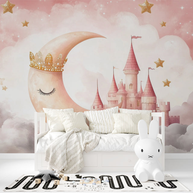 Princess castle wallpaper in a cozy nursery with soft pink accents and reading nook