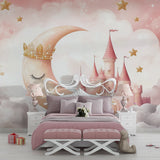 Fairy tale castle mural creating magic in a girl's bedroom with white furniture