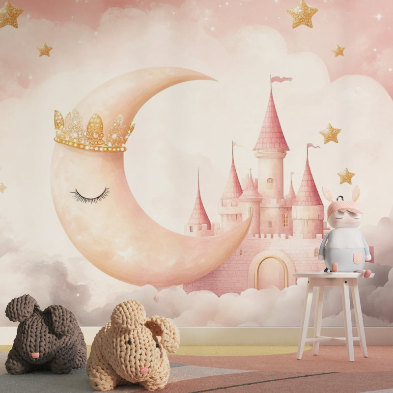 Enchanted castle wallpaper brightening a modern kids bedroom setup