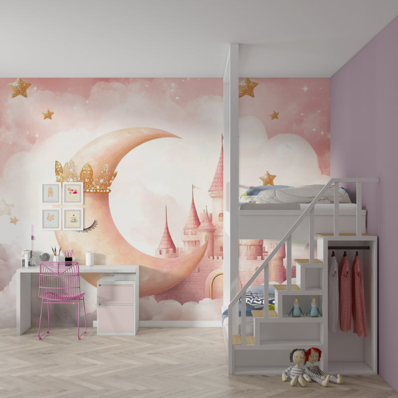 Princess themed wall mural in a reading corner with soft lighting