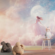 Princess wallpaper mural styled in a girl's modern bedroom with white furniture and soft pink accents