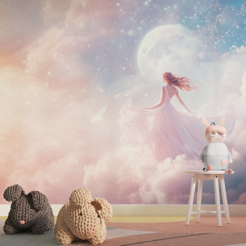 Princess wallpaper mural styled in a girl's modern bedroom with white furniture and soft pink accents