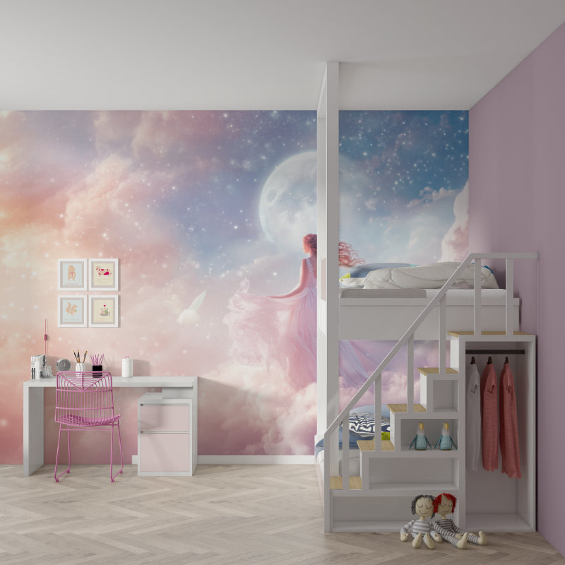 Pink princess wall mural featured in a nursery with gold accents and fairy lights