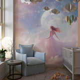 Princess themed wallpaper transforming a playroom with matching pink decor