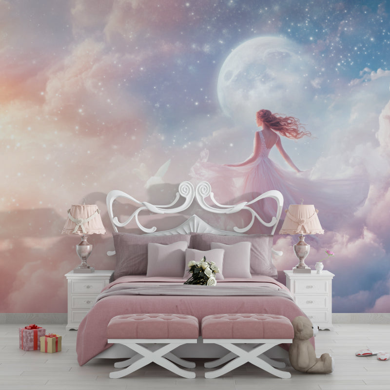 Dreamy princess mural displayed in a baby girl's nursery with white furniture