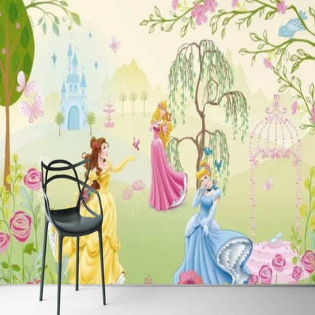 Princess castle garden wallpaper creating a magical atmosphere in a girl's bedroom with soft pink walls and white furniture