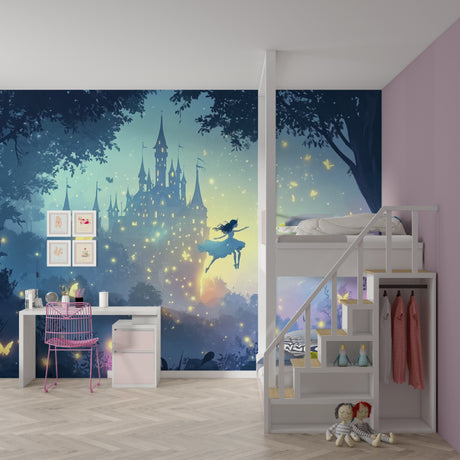 Princess castle wallpaper with dancing fairies displayed in a cozy bedroom with pink accents