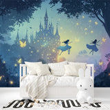 Enchanted castle wallpaper creating a dreamy atmosphere in a reading nook