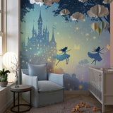 Magical princess mural transforming a nursery with soft golden glow