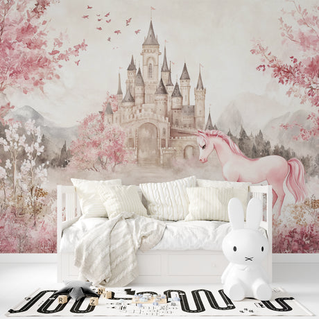 Princess castle wallpaper with pink unicorn displayed in a bright girl's bedroom, creating a magical atmosphere
