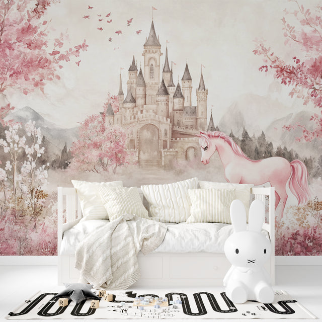 Princess castle wallpaper with pink unicorn displayed in a bright girl's bedroom, creating a magical atmosphere