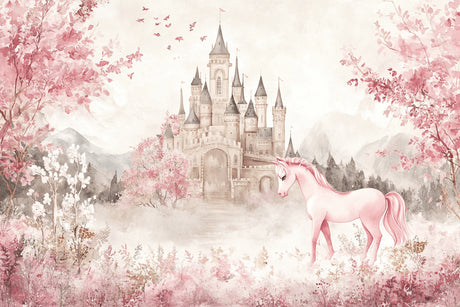 Design file showing detailed princess castle and pink unicorn pattern with cherry blossoms