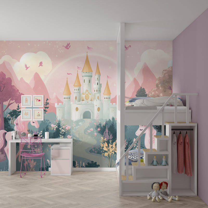 Magical castle wallpaper featured in a girl's bedroom with princess-themed decor