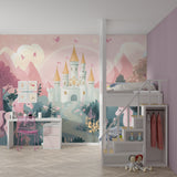 Magical castle wallpaper featured in a girl's bedroom with princess-themed decor