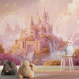 Princess castle wallpaper in a bright girl's bedroom, showing rainbow colors reflecting on white furniture