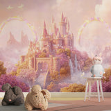 Princess castle wallpaper in a bright girl's bedroom, showing rainbow colors reflecting on white furniture