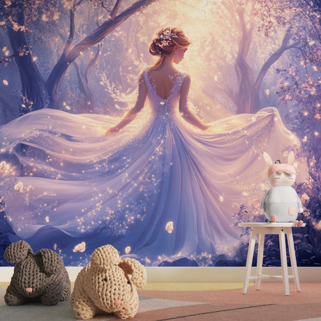 Princess forest wallpaper creating magic in a modern girl's bedroom with soft purple and gold tones