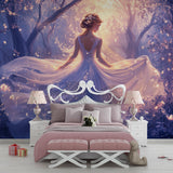 Princess themed wallpaper creating wonder in a little girl's dressing area