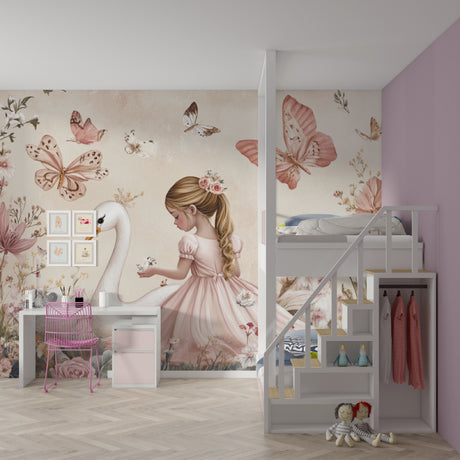 Princess wallpaper mural in a bright nursery, showing soft pink butterflies and swan design against beige walls