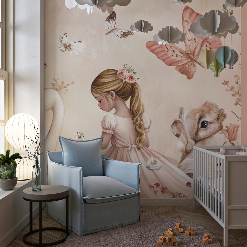 Enchanted garden princess mural displayed in a girl's bedroom with matching pink decor