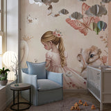 Enchanted garden princess mural displayed in a girl's bedroom with matching pink decor