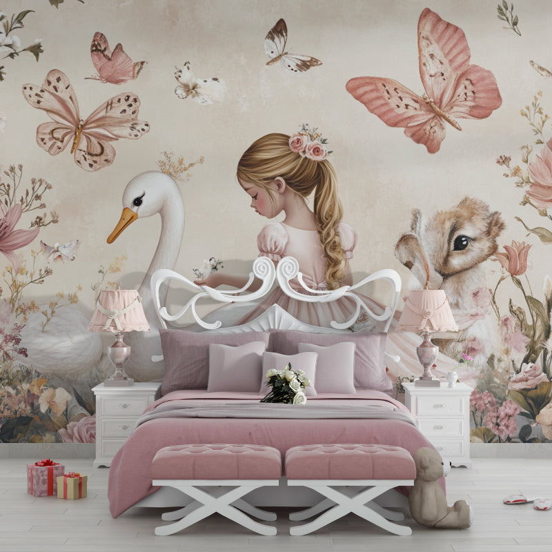 Princess wall mural featuring swan and butterflies in a children's reading nook