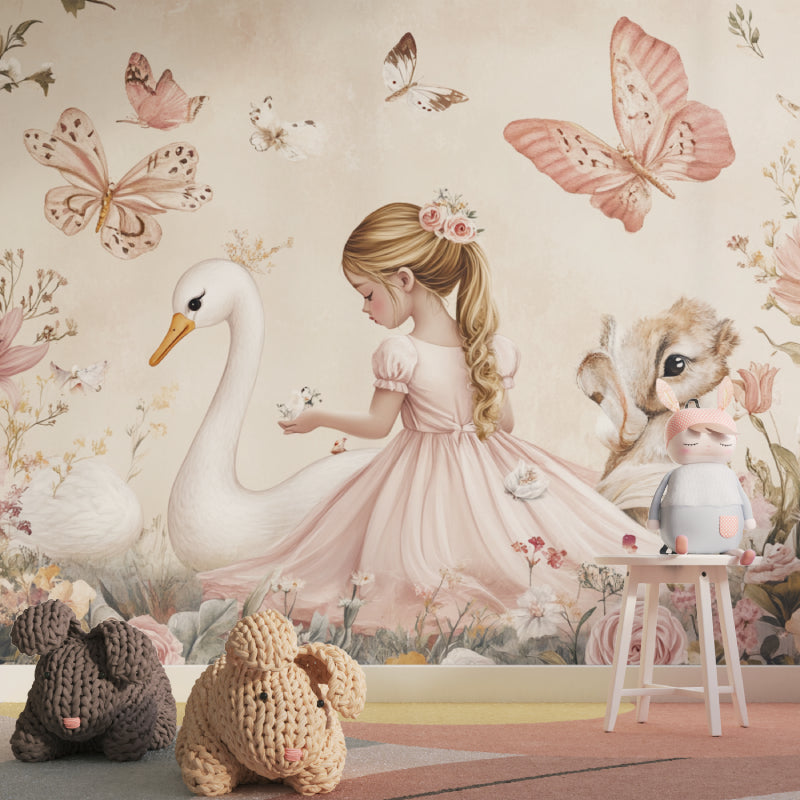 Fairy tale princess wallpaper creating magical atmosphere in a playroom setting