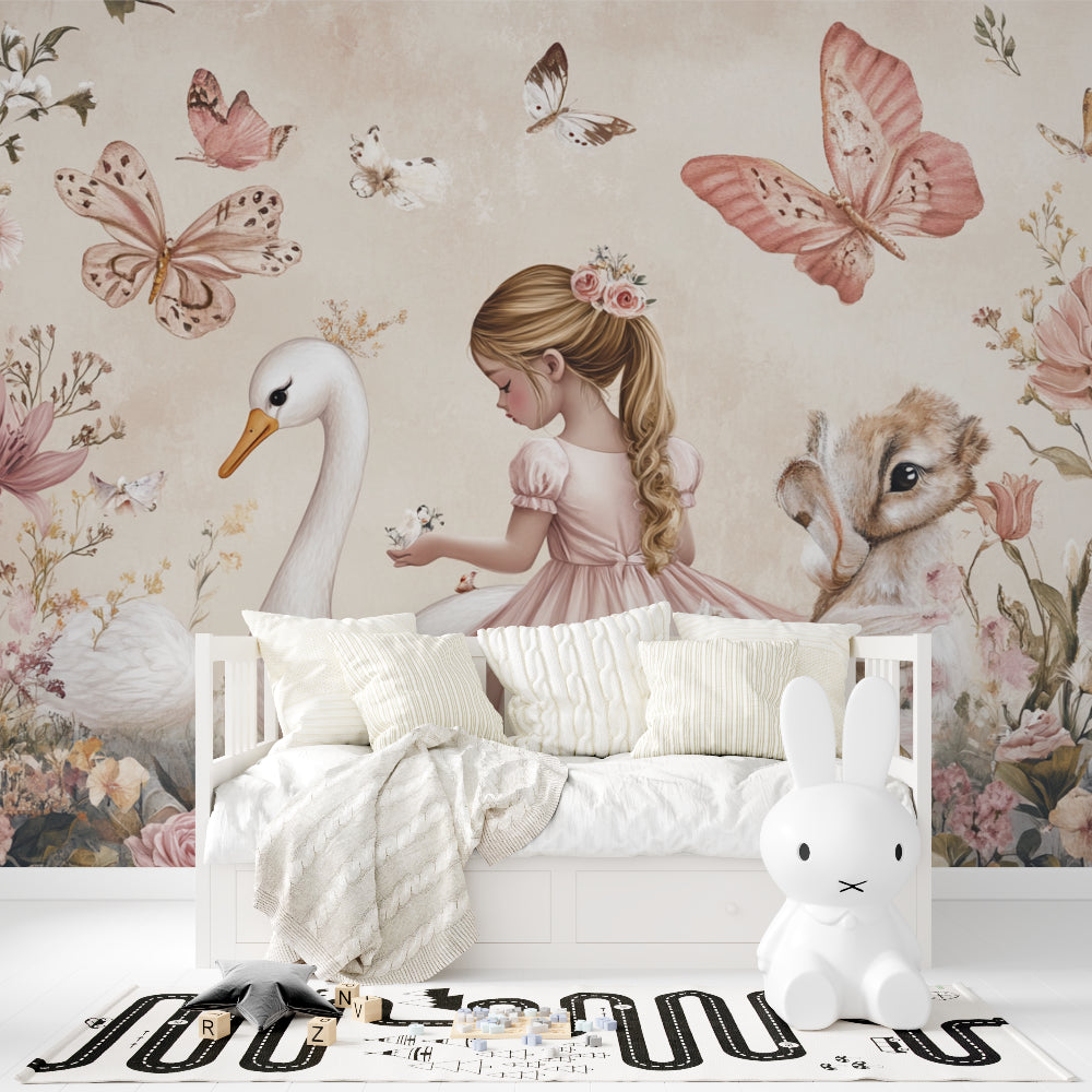 Princess garden mural wallpaper showcased in a baby girl's nursery with white furniture