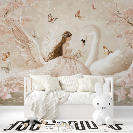 Princess wallpaper with swan in a cozy nursery with pink accents and soft lighting