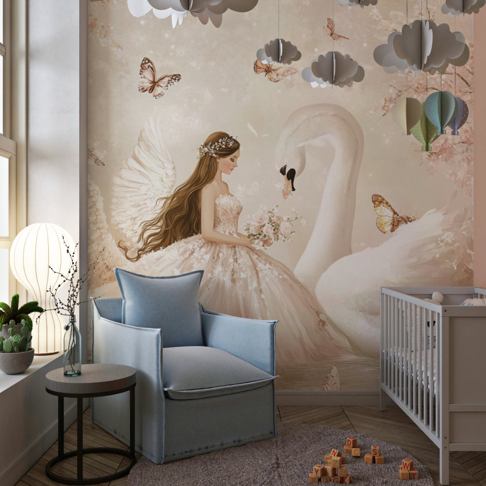 Swan princess mural in a girl's bedroom with white furniture and dreamy decor
