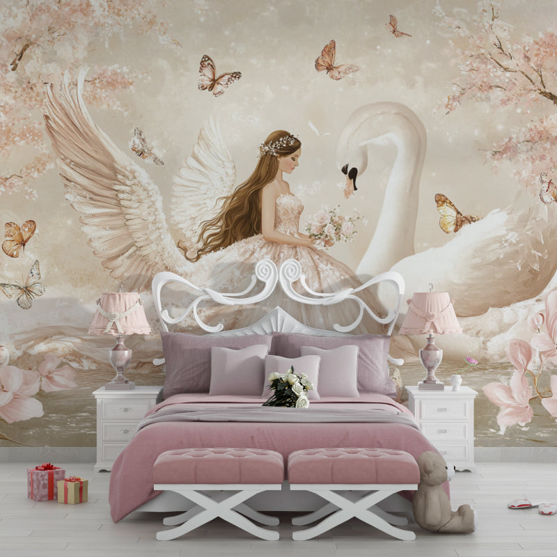 Fairy tale wallpaper featuring swan and butterflies in a reading nook setting
